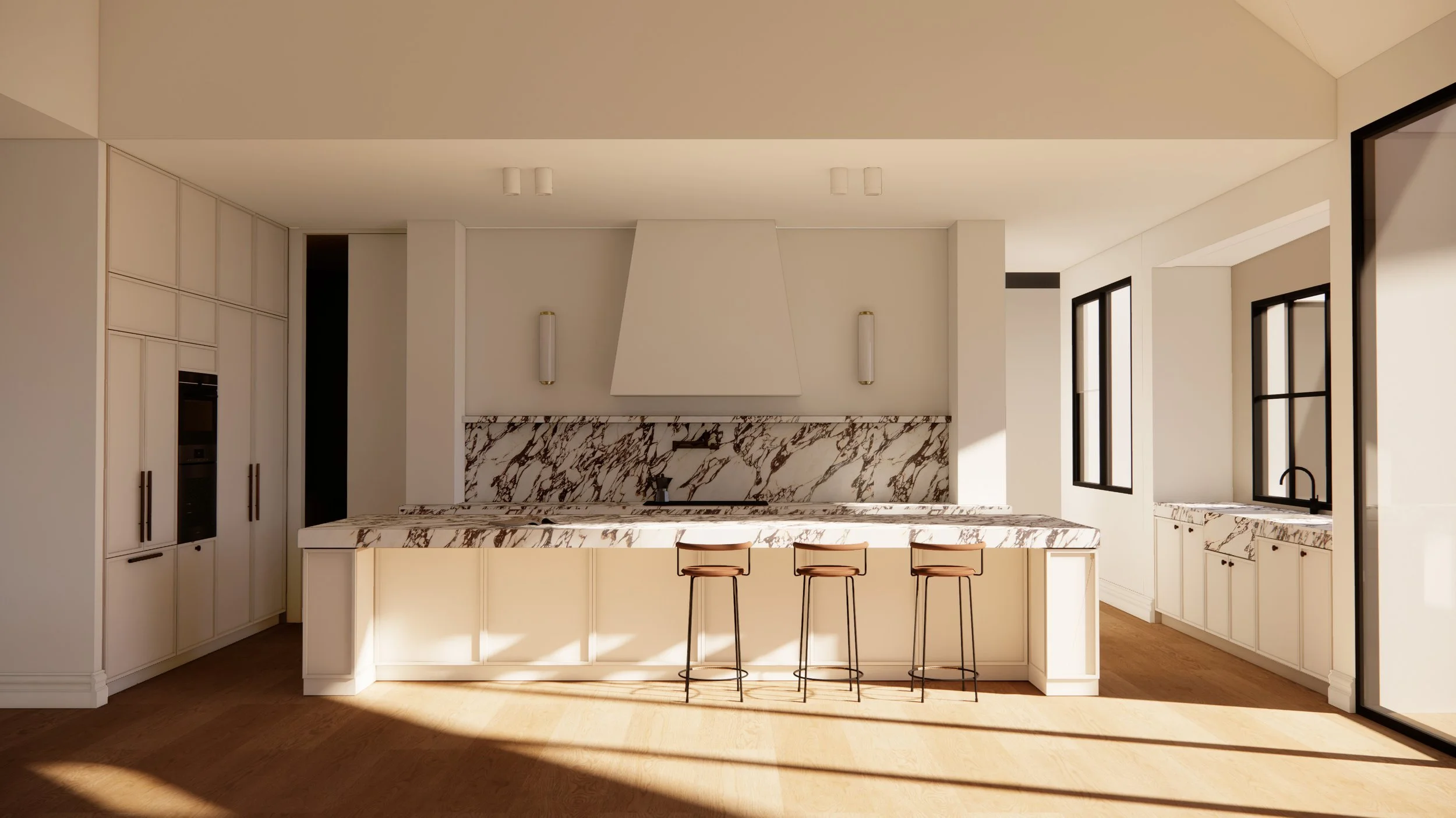 Modern kitchen with white cabinets, marble countertop and backsplash, three bar stools, and large windows letting in natural light.