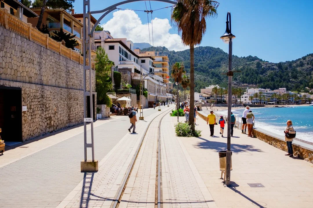 port de Sóller with blue water and boats in harbour