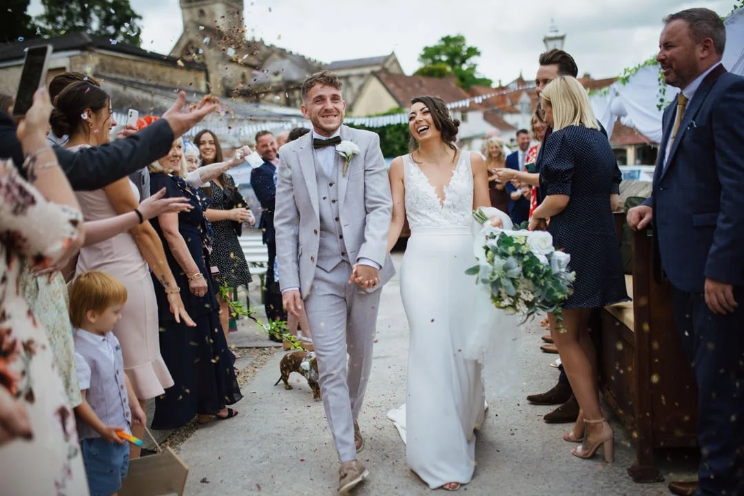 wedding confetti outside large church