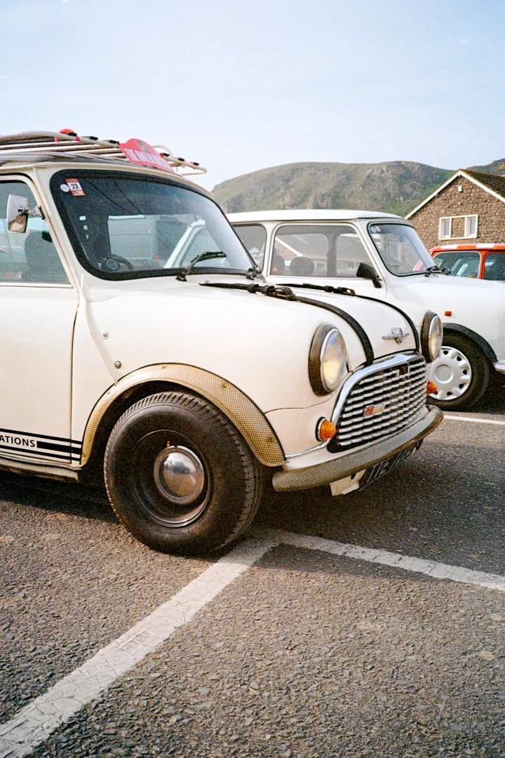 white classic mini with black stripes and roof rack