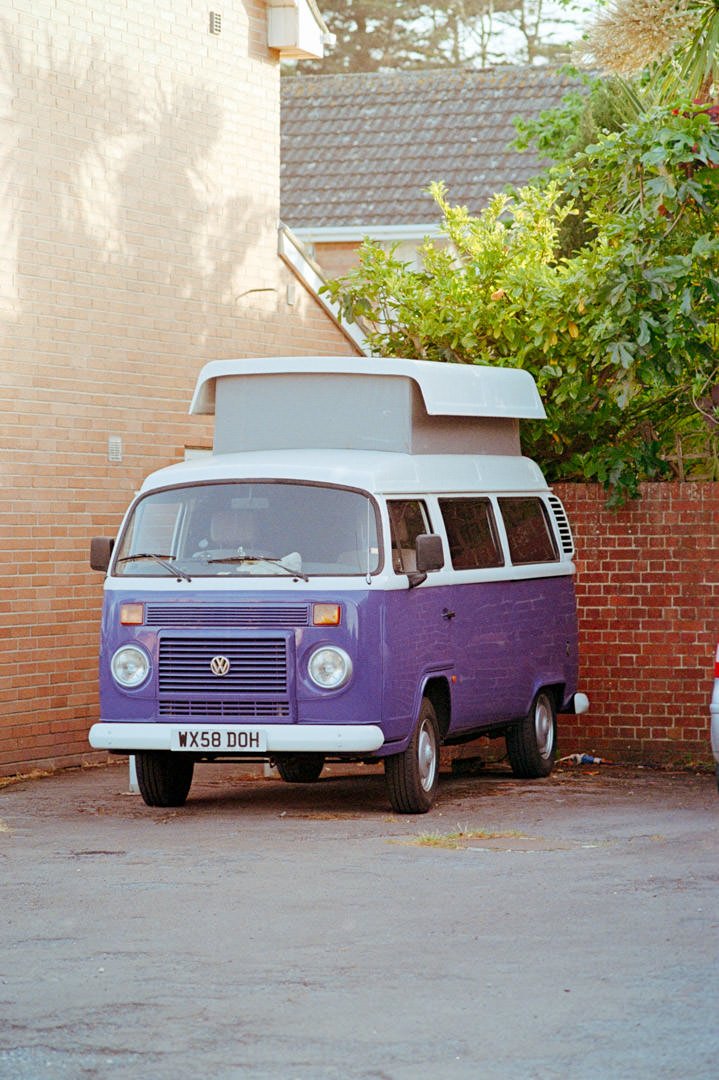 purple classic vw camper van with pop top roof, Kodak colorplus