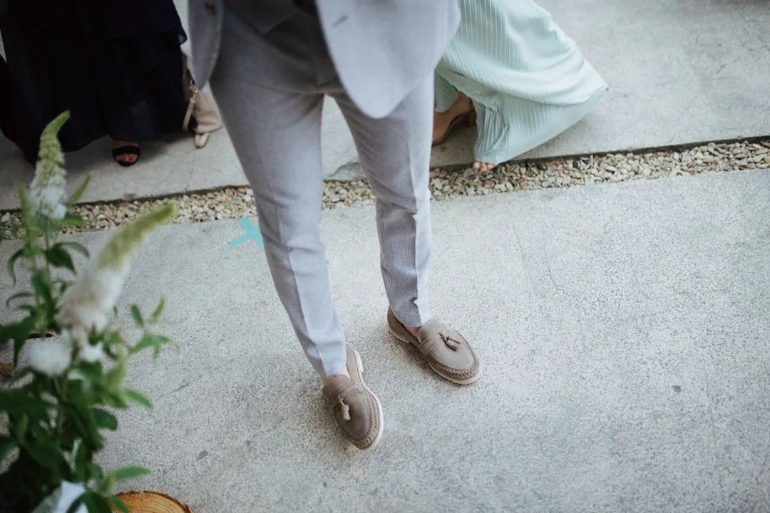 wedding suit grey with brown shoes