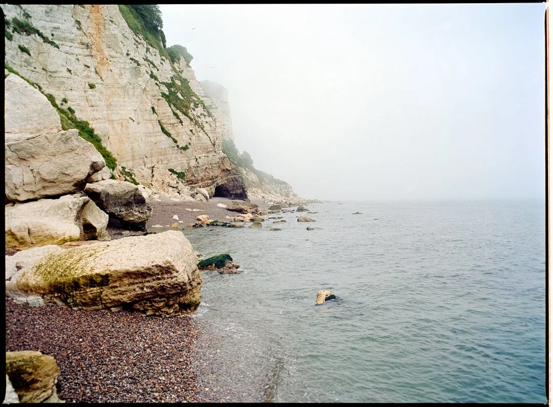 blue ocean with white chalky cliffs, Kodak Portra 160