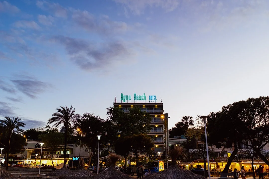 Agua beach hotel during sunset purple sky, Palma Nova