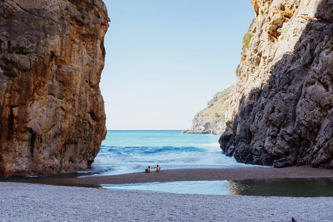 Cliffs with ocean an beach Sa Calobra Majorca