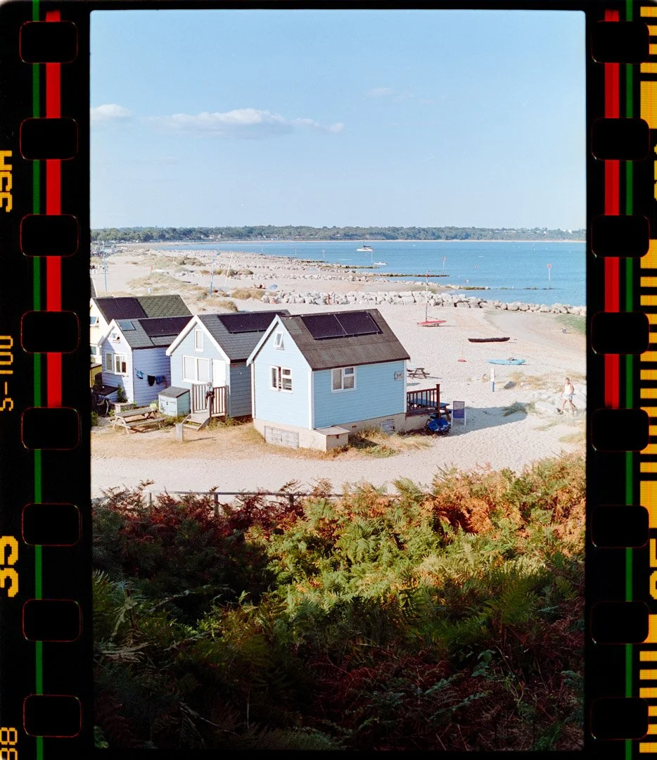 beach huts on golden sand Mudeford Dorset, fuji superia 35mm film