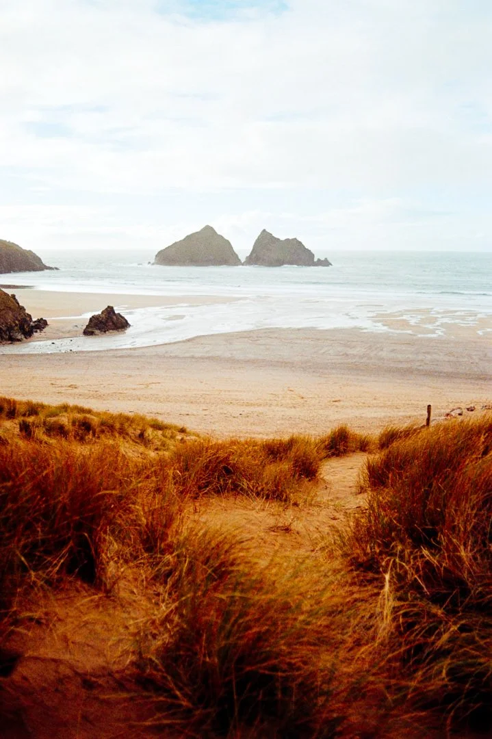 A sandy beach with tall grasses in the foreground, ocean waves, and rocky islands in the distance under a partly cloudy sky.