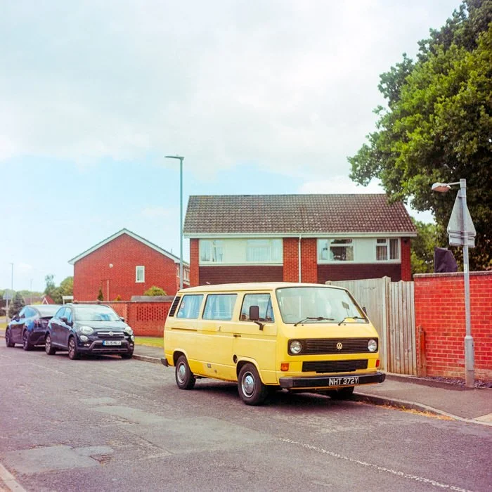 classic vw t25 van on road under large tree, Kodak Portra NC film