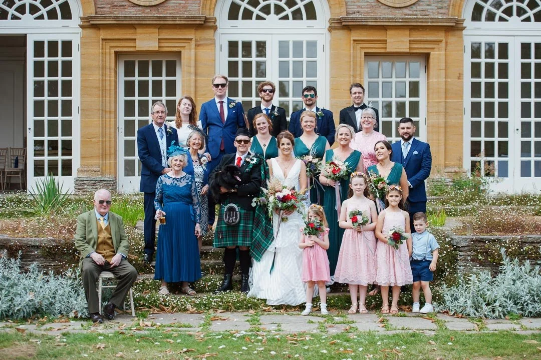 wedding party group photo in floral garden, hestercombe house Somerset