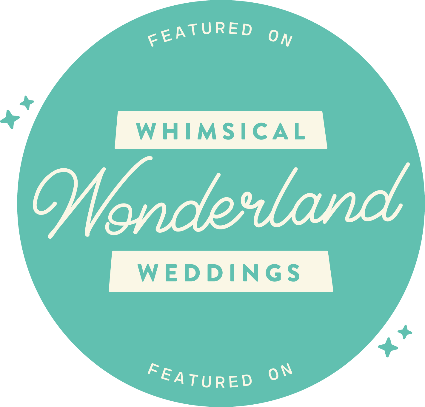 A teal circular badge with the text 'Featured on Whimsical Wonderland Weddings' and small decorative stars.