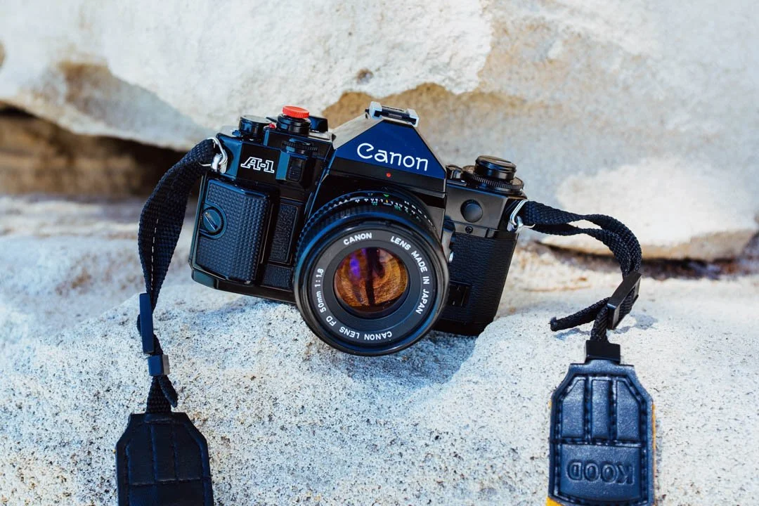 film sir on rocks in sunlight with yellow kood camera strap, Canon A1