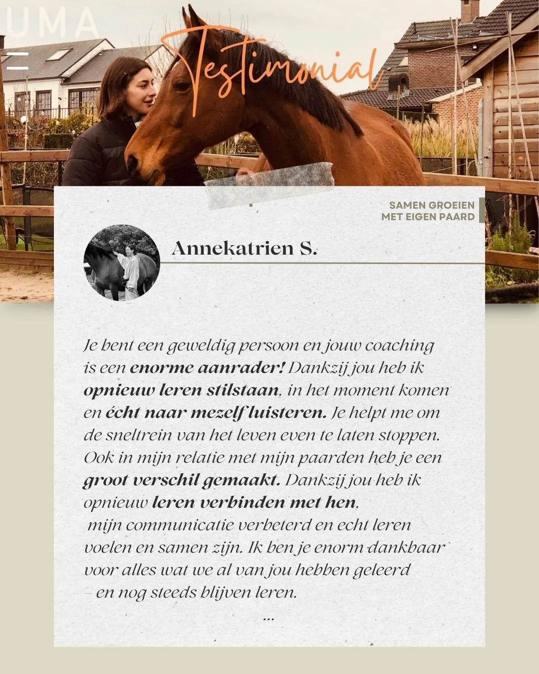 Altijd fijn om zulke mooie berichtjes te mogen ontvangen.

Het raakt me telkens opnieuw om te zien wat er kan ontstaan wanneer iemand echt leert vertragen, voelen en afstemmen 
op zichzelf &eacute;n op het paard.

Zou je graag mijn manier 
van werken