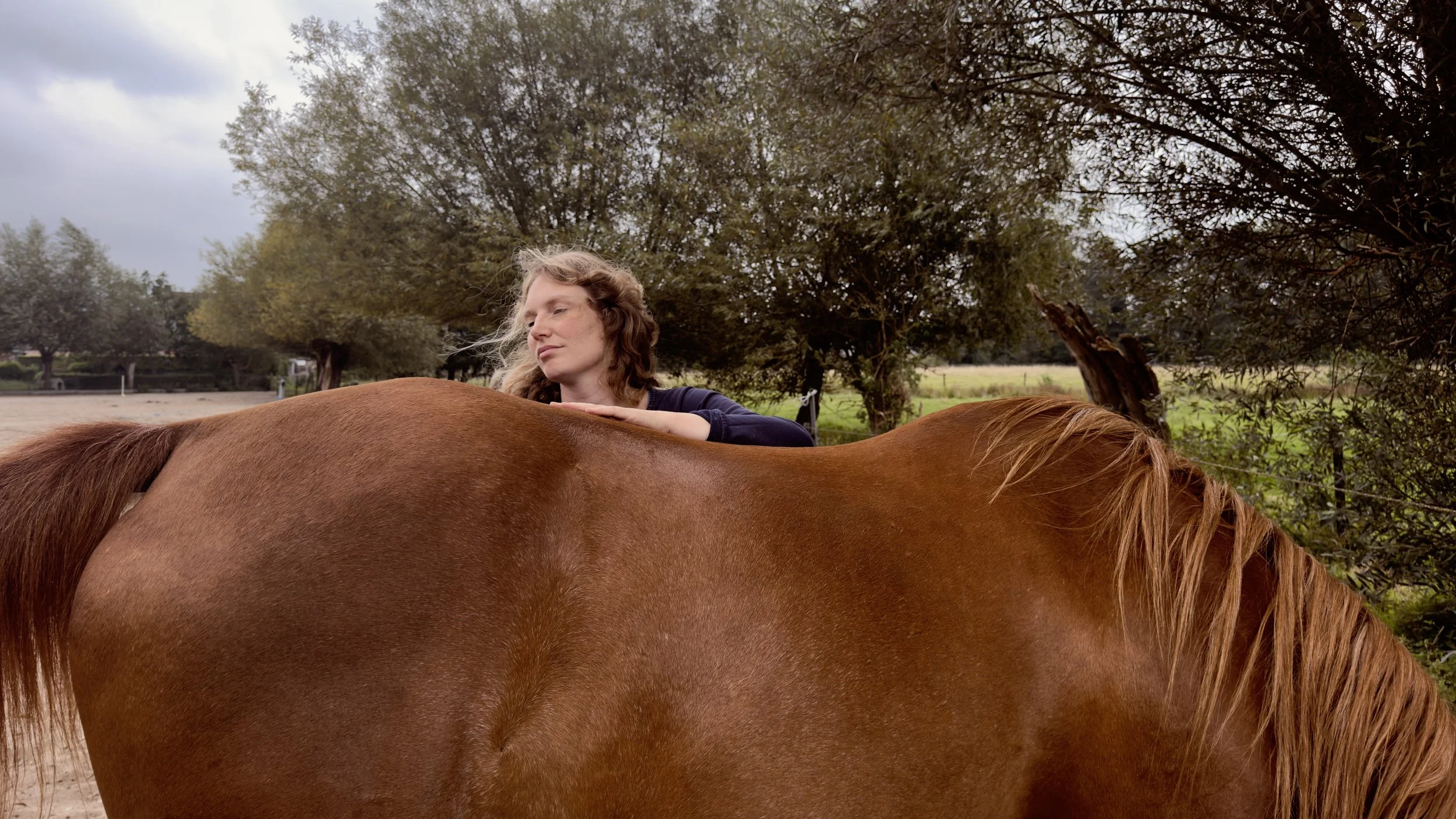 Vrouw die rust op een paard in een landelijke omgeving met bomen en gras, op een bewolkte dag.