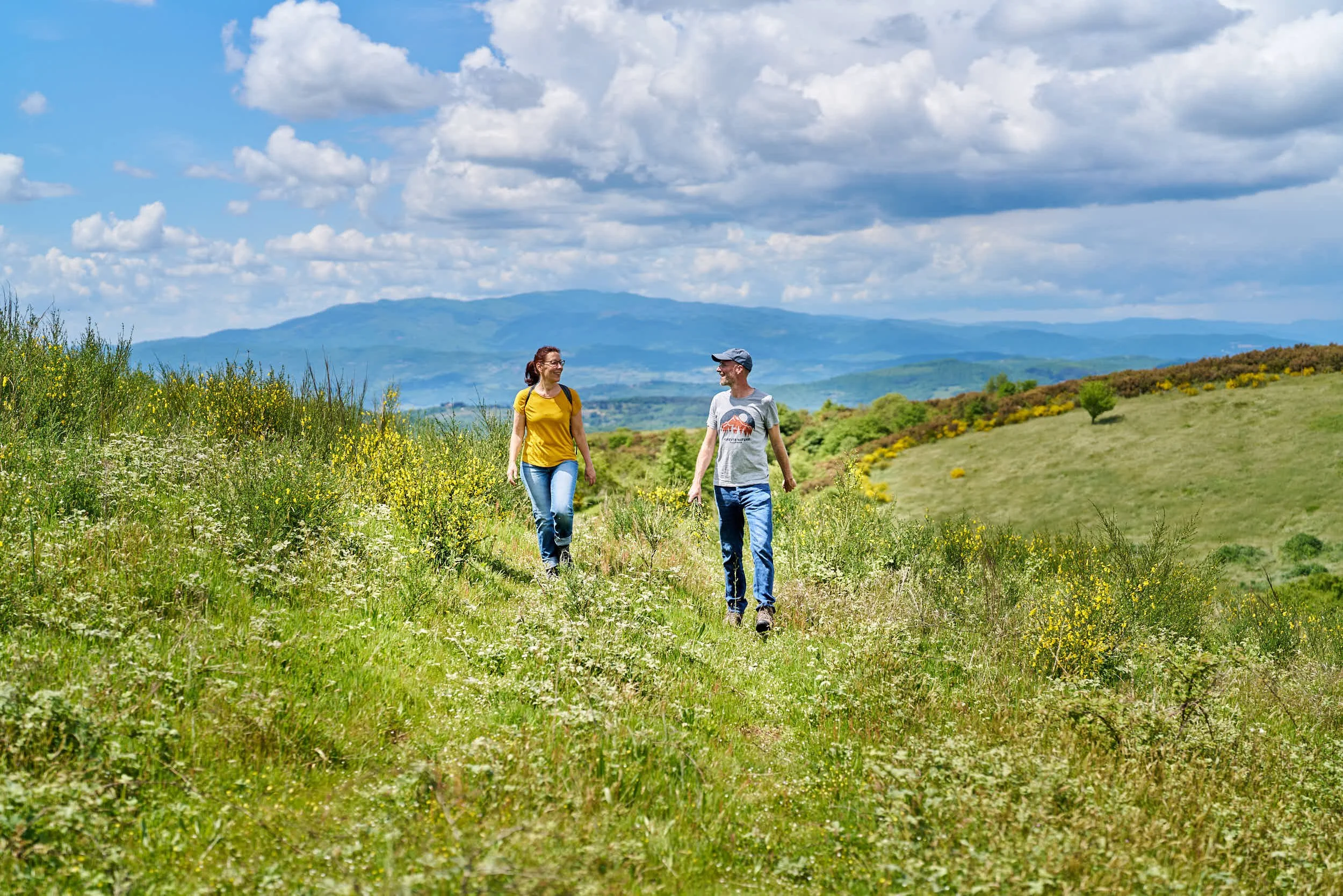 Zwei Menschen wandern auf einer grünen Wiese mit Blüten, im Hintergrund Berge und ein bewölkter Himmel.