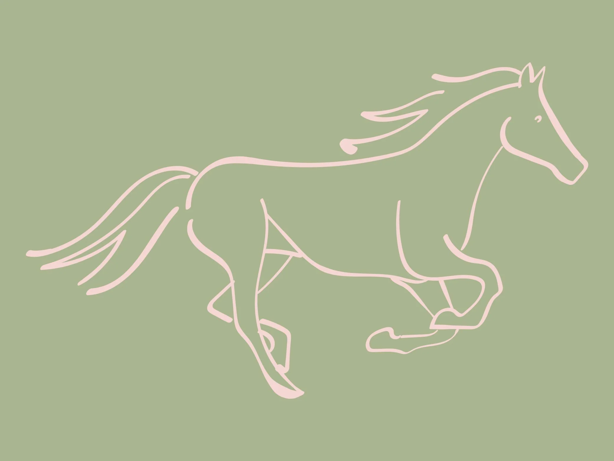 A minimalist line drawing of a running horse on a light green background.