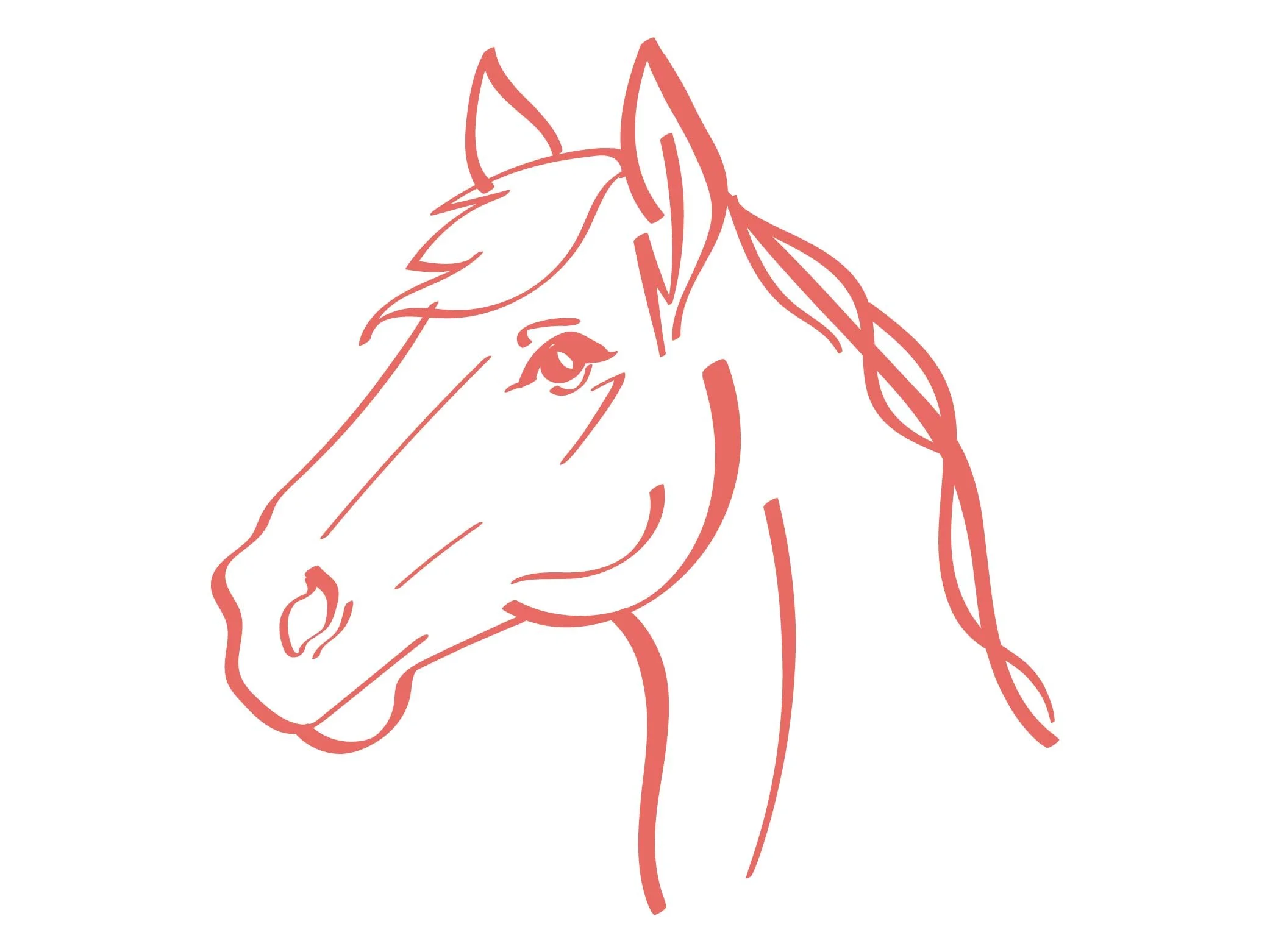 Line drawing of a horse's head in profile, with some details of the eye, mane, and nose, in reddish-brown color.