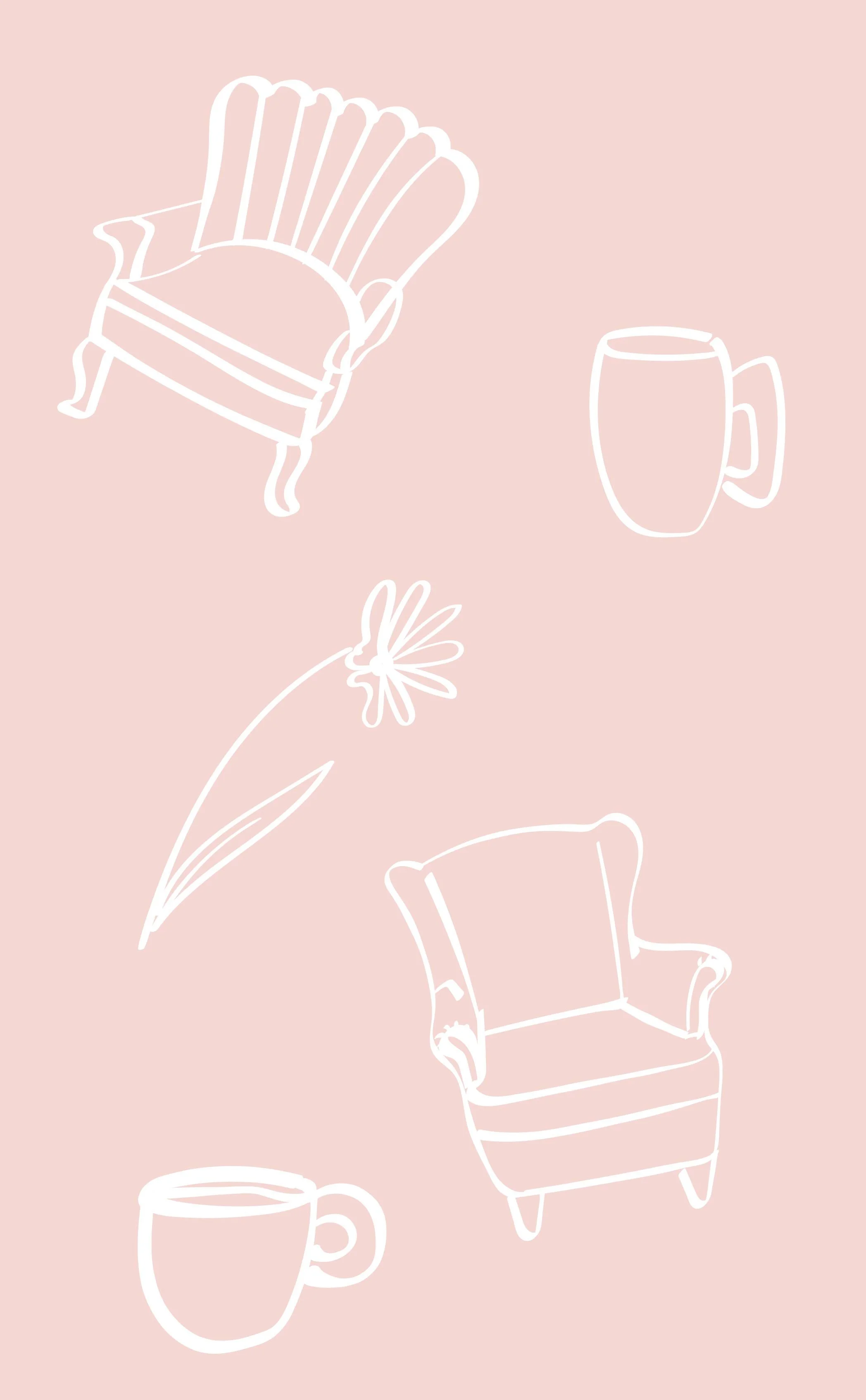 Line drawings of two armchairs, two mugs, a flower, on a light pink background.