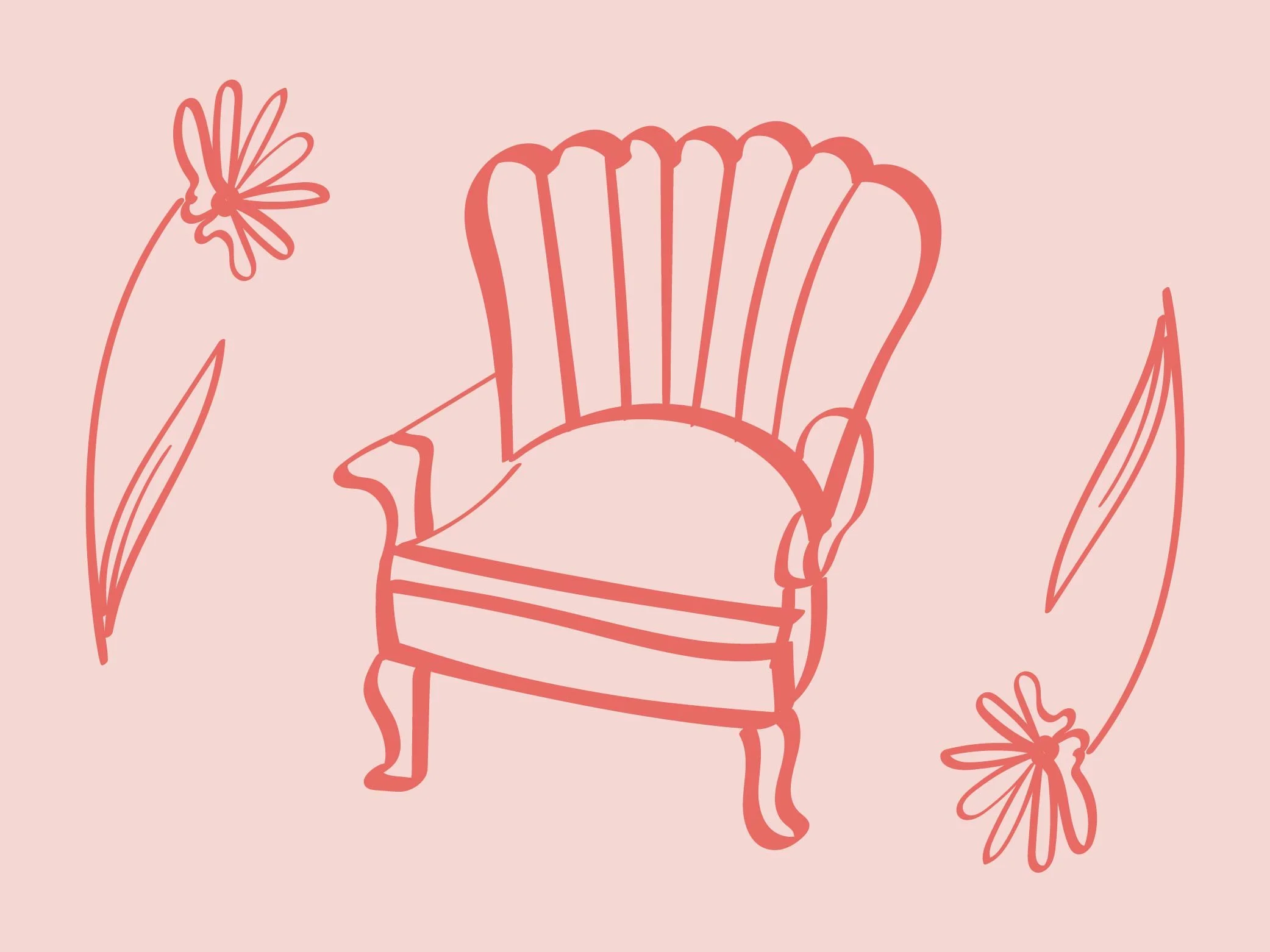 Line drawing of a vintage armchair with floral decorations on each side.