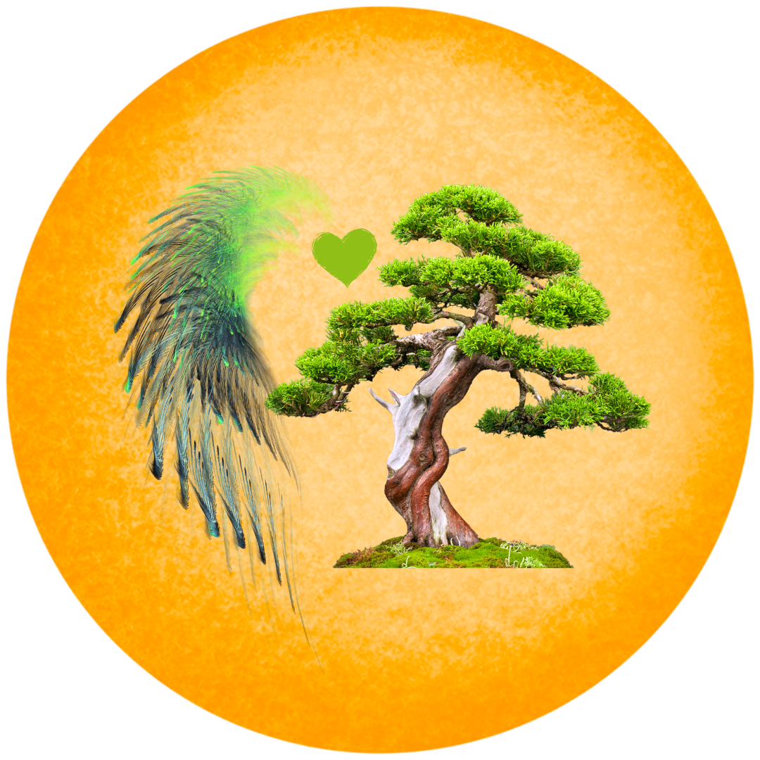 Logo des Seelenkraft Raum Nesselwang – Bonsai mit Flügeln, Sinnbild für Verwurzelung und Neubeginn. Es steht für den Weg aus Burnout, Erschöpfung und Gefühllosigkeit hin zu Selbstvertrauen, innerer Ruhe, Leichtigkeit und neuer Lebenskraft im Allgäu.