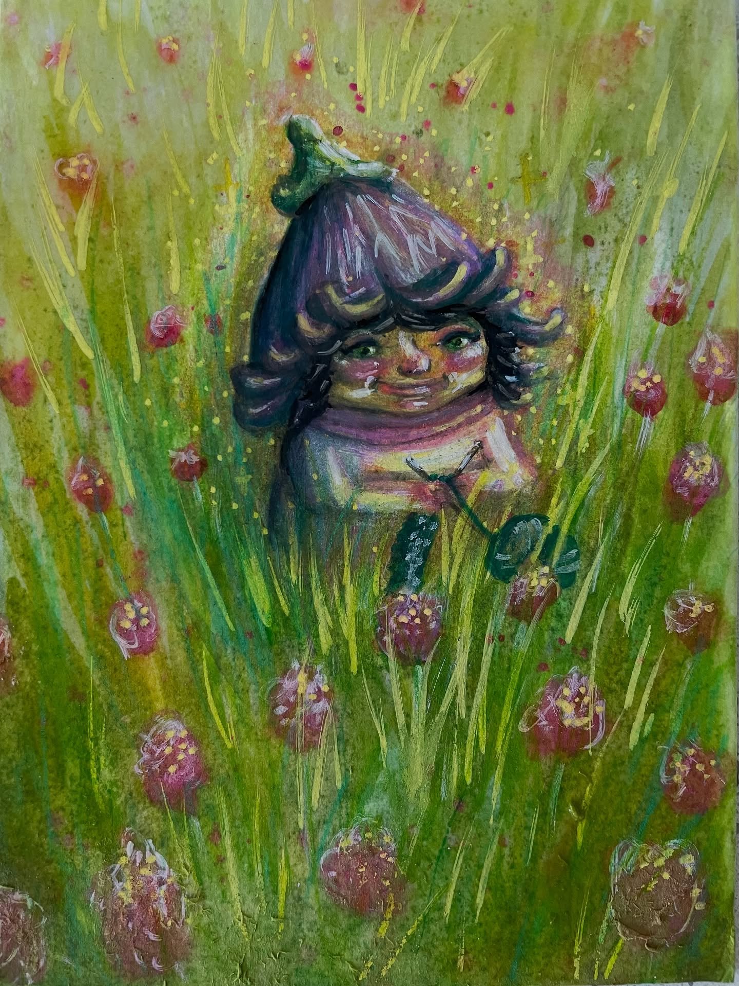 Water color clover with a knitting gnome.