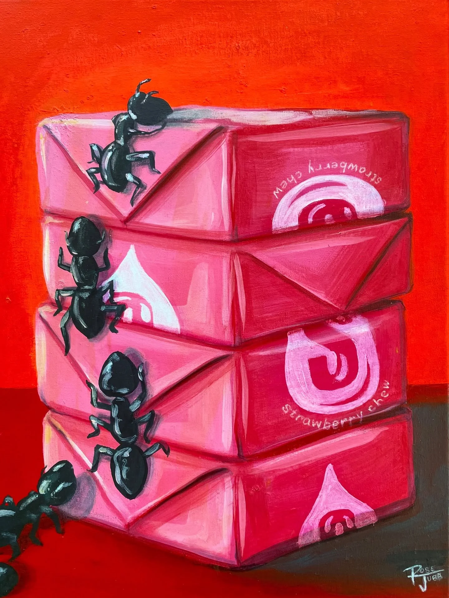 &ldquo;I Chews You&rdquo; - 12 x 16 acrylic painting of ants climbing a stack of strawberry Starbust (aka the best candy known to man). Framed, hanging, and for sale @el.coyote.tacos Your one stop shop for banger burritos and art 😁

#ants #strawberr