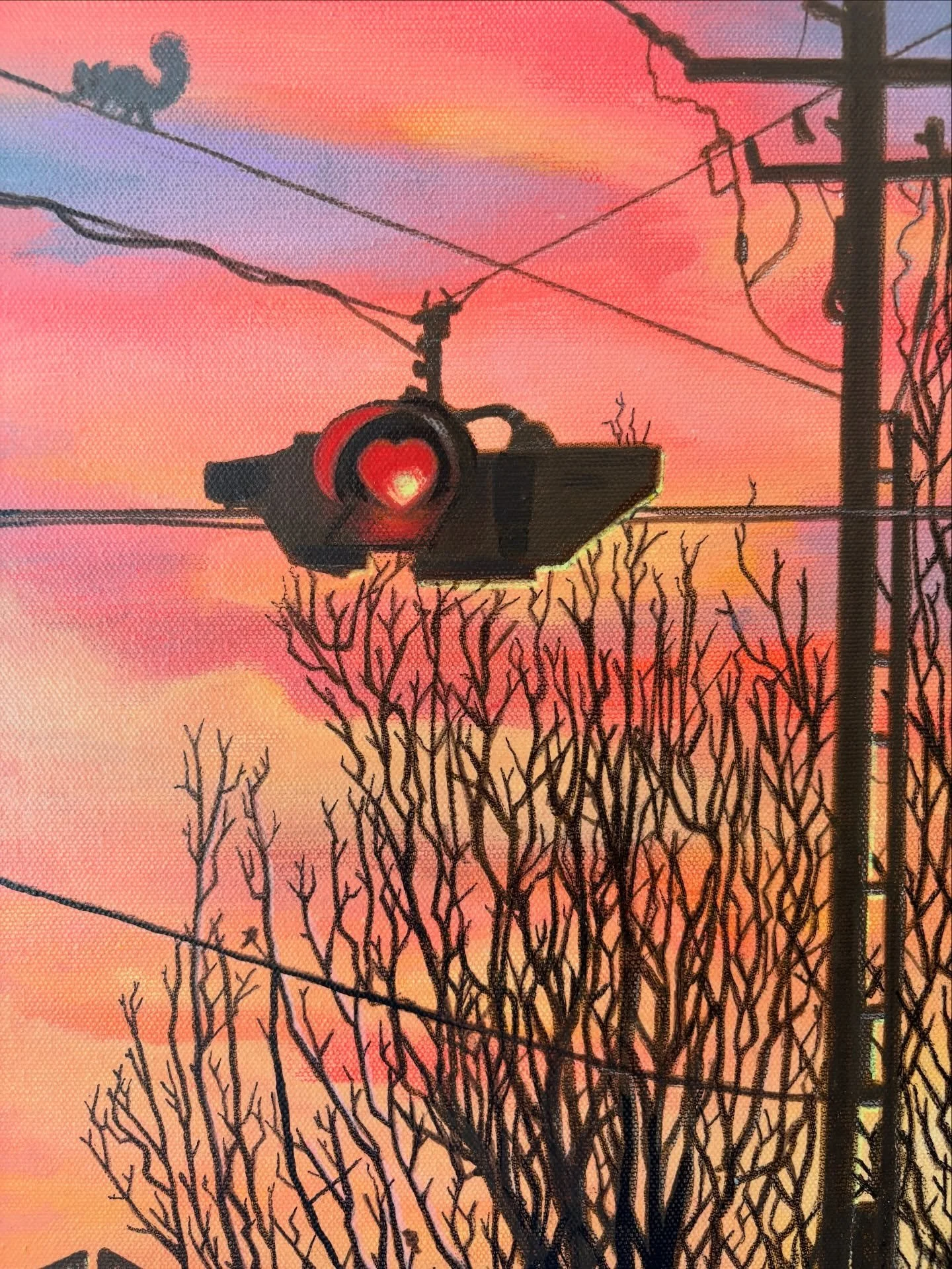 Have you ever notice the only stop light in downtown @cityofridgefield is shaped like a heart? This glowy painting is up at the @ridgefieldartgallery now through May and is honor of that sweet light and one of the best sunsets I&rsquo;ve seen outside