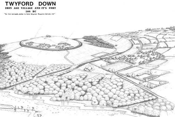 A detailed historical map of Twyford Down, illustrating the village, surrounding fields, roads, and landscape features from 500 BC.