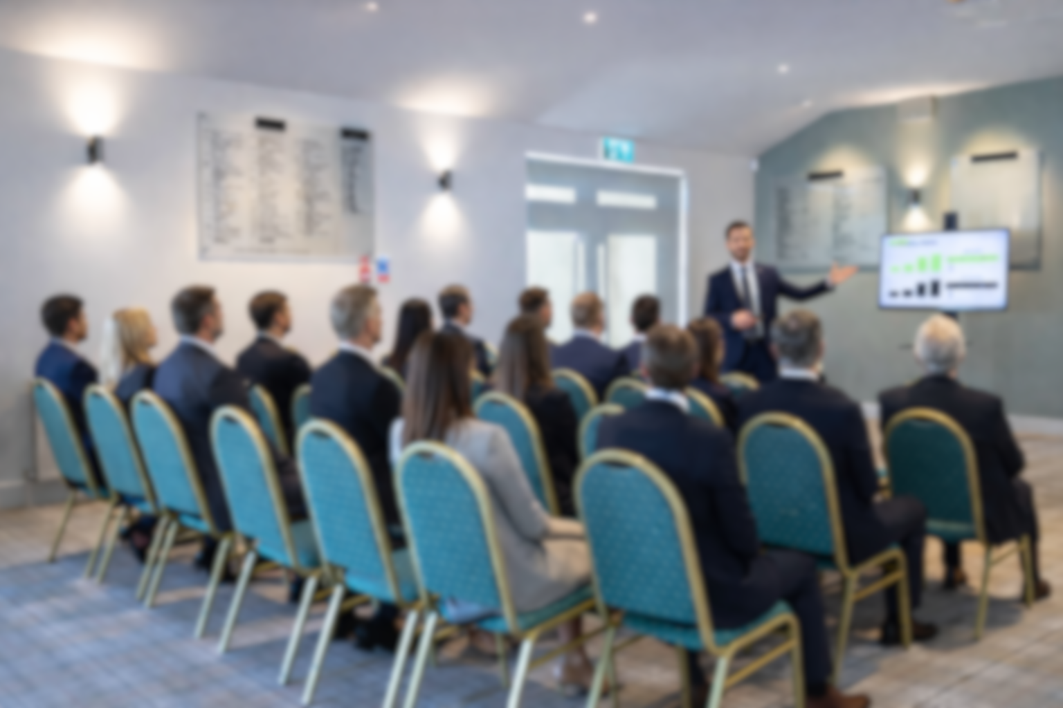A man giving a presentation to a group of seated adults in a conference room.