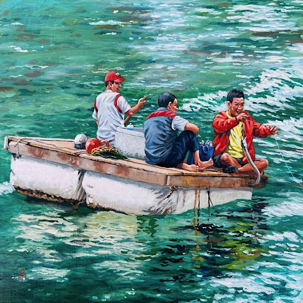 Three men in a boat, Hong Kong style! - Acrylic on gessoed MDF board, 12 x 12 inches (30 x 30cm)
