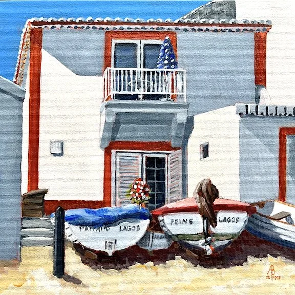Brolly, blooms and boats, Burgau, Algarve - Acrylic, 8 x 8 inches (20 x 20 cm)