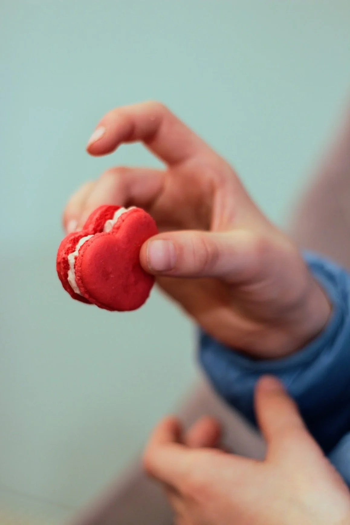 Eine Hand hält einen roten Macaron mit weißer Füllung.