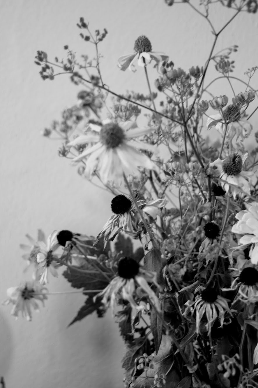 Schwarz-Weiß-Foto eines Blumenstraußes mit verschiedenen Stauden und Blüten, darunter scheinbar eingesunkene oder verwelkte Blüten.