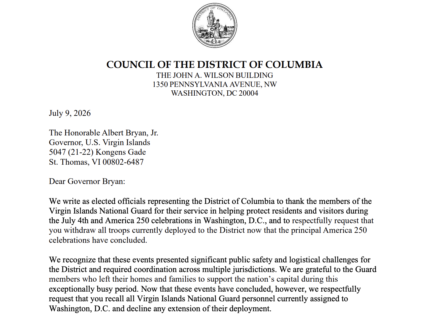 DC Council calls for Michigan and Virgin Islands National Guard to withdraw from DC