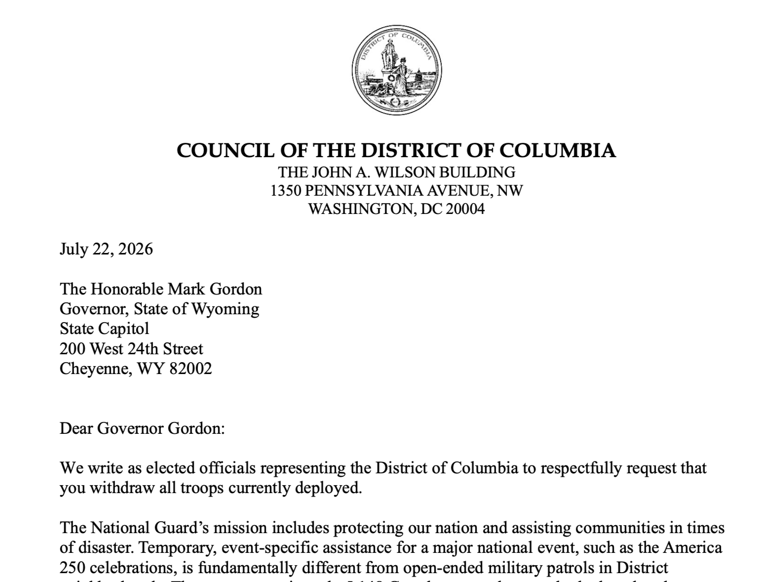 DC Council calls Governors to withdraw National Guard from DC
