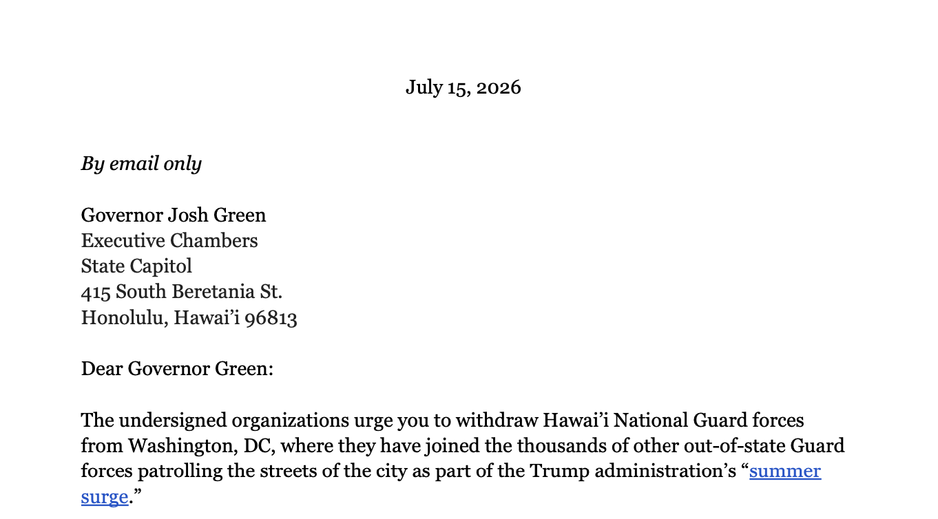 National Orgs Call for Hawaii Gov Josh Green to Withdraw National Guard from DC