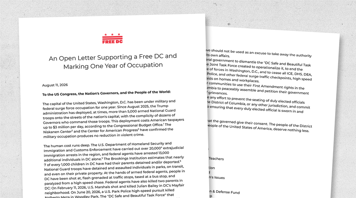 An Open Letter Supporting a Free DC and Marking One Year of Occupation