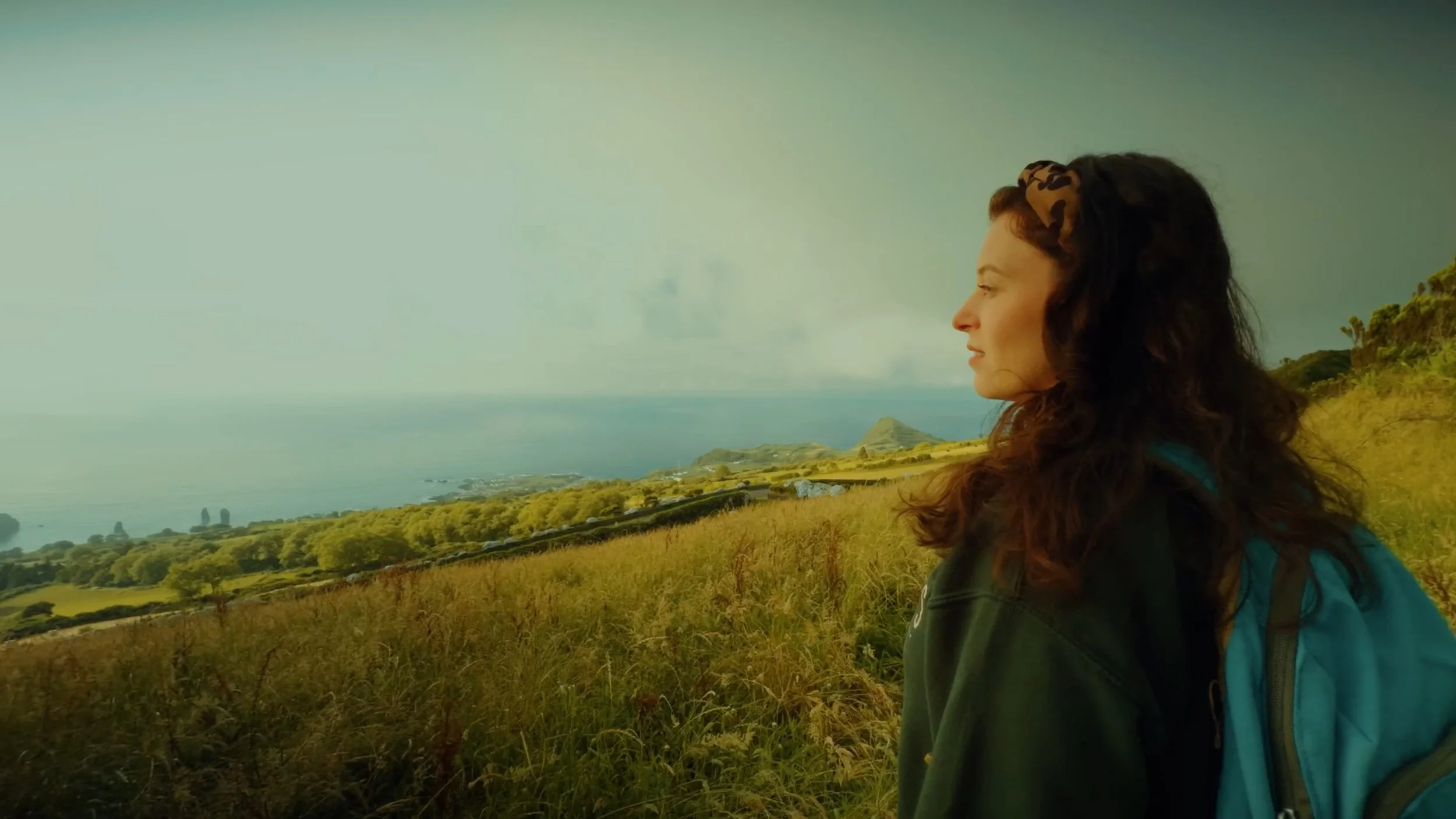 A woman with long, dark, wavy hair standing outdoors on a grassy hill, overlooking a landscape with trees, mountains, and a body of water in the distance under a cloudy sky.