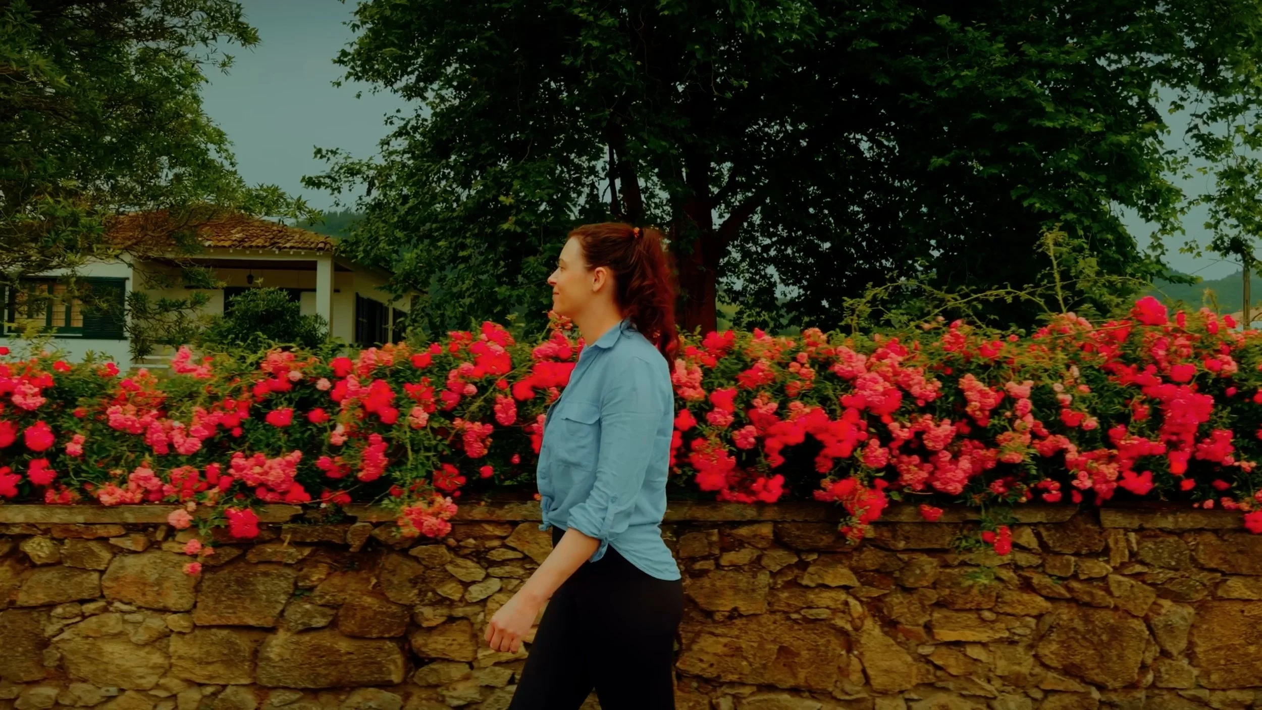 A woman walking past a stone wall with pink and red flowers in the background, with trees and a house visible behind her.