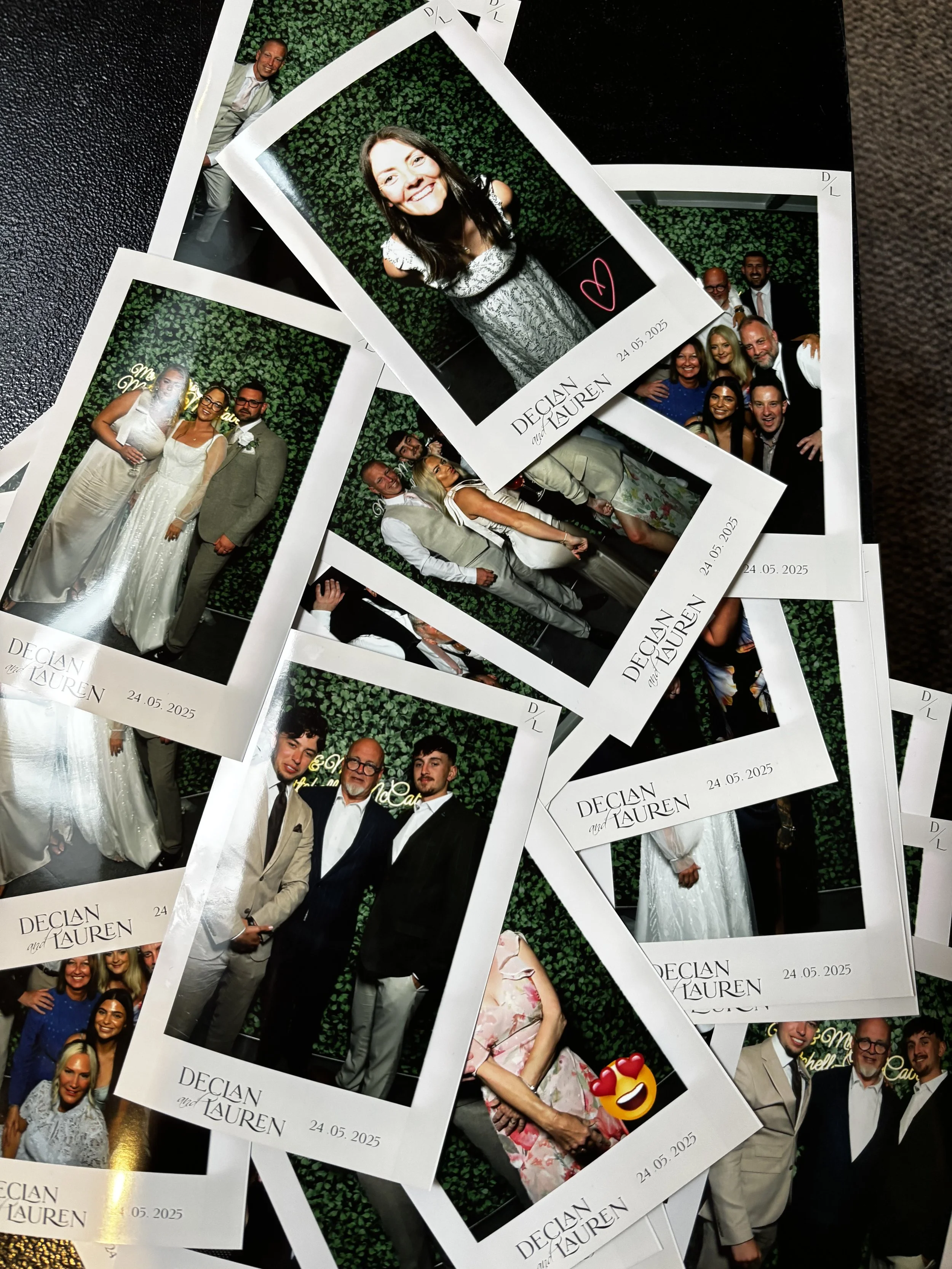 Photographs in a custom photo template of bride and groom from a photo booth at a wedding on May 24, 2025, showing groups of people in formal attire, with a green leafy backdrop.