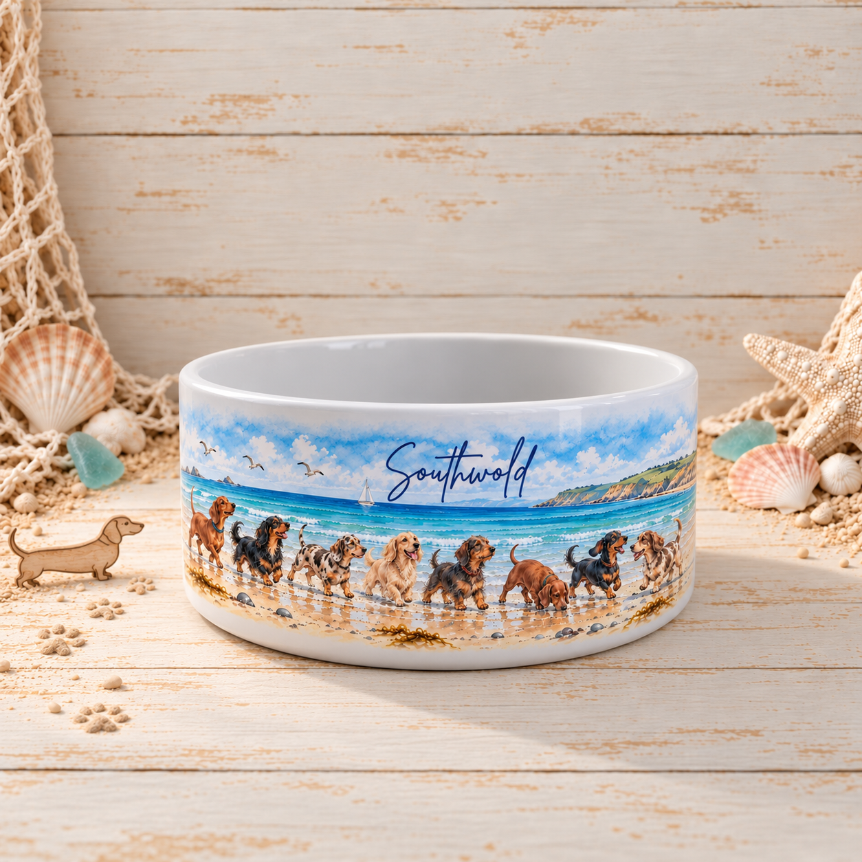 Seaside Sausages Ceramic Dog Bowl