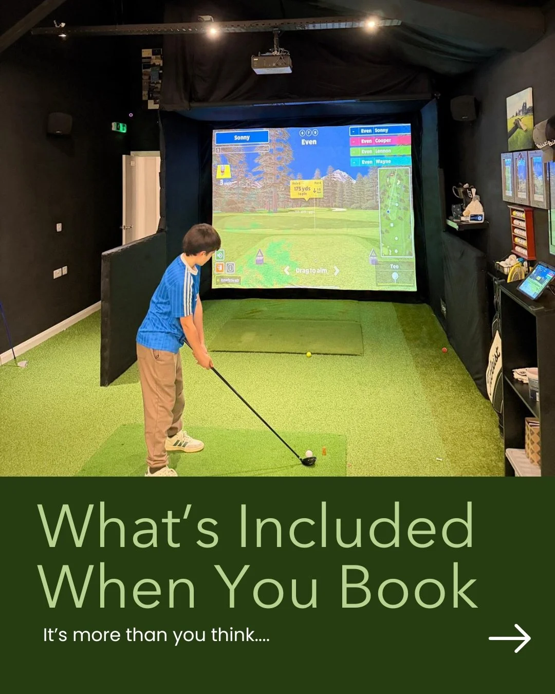 Here&rsquo;s exactly what&rsquo;s included when you book The Excite Hub 👇

🙋&zwj;♂️ A full welcome + set-up from our team
⛳ Unlimited use of the golf simulator
🎱 Pool table
🎯 Traditional darts board
🍻 Optional drinks packages
👥 A private space 