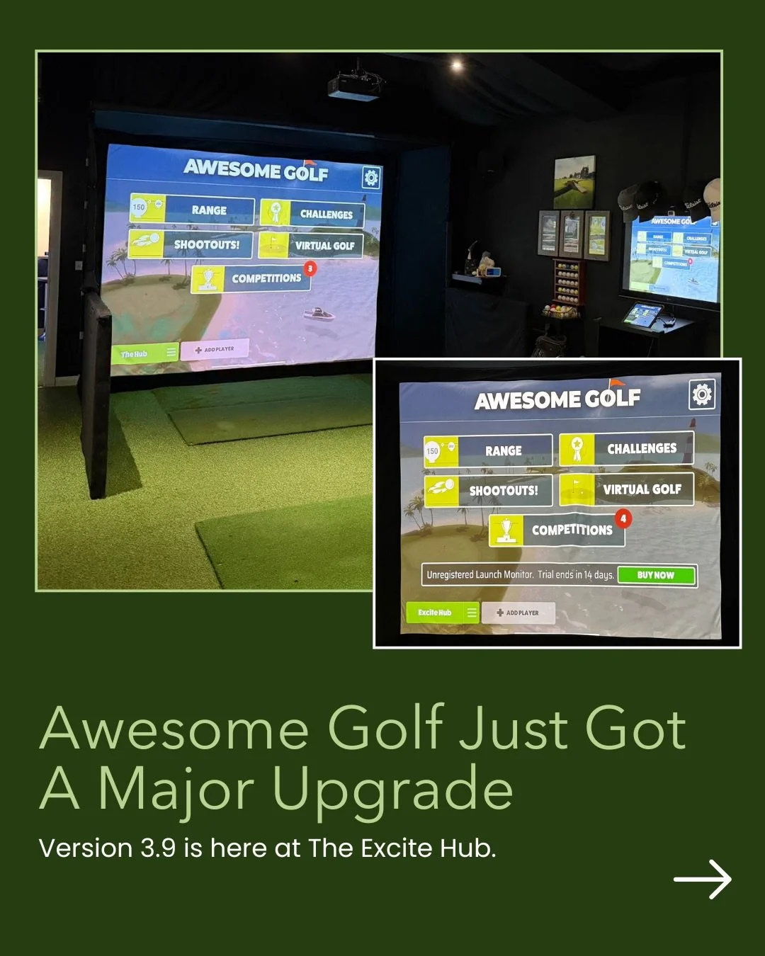 Our simulator just got even better ⚡

Awesome Golf Version 3.9 has officially landed at The Excite Hub- and it comes with some seriously exciting upgrades:

✨ Improved shot-by-shot detail for cleaner, clearer feedback
⛳ A brand NEW 18-hole course at 