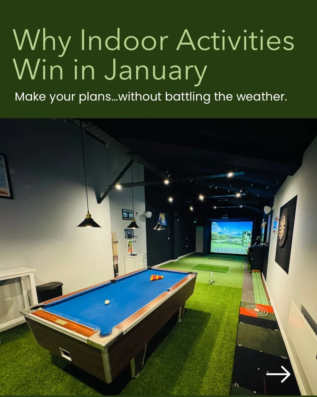 January is prime indoor season&hellip;and The Excite Hub has everything you need to make winter plans actually enjoyable.

No rain. No wind. No freezing tee boxes.
Just golf, pool, darts, drinks and your very own private games room- all under one war