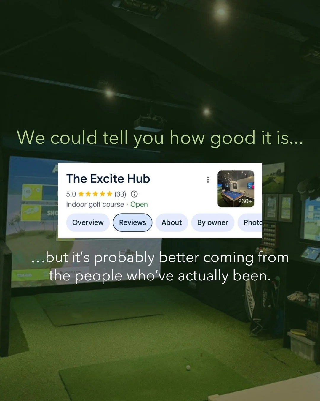 Don't take our word for it- here's what people who've actually been say.

Swipe through to see what actual customers have to say about our indoor golf simulators. No fake reviews, no bots, just people who showed up to our Little Hallingbury venue and