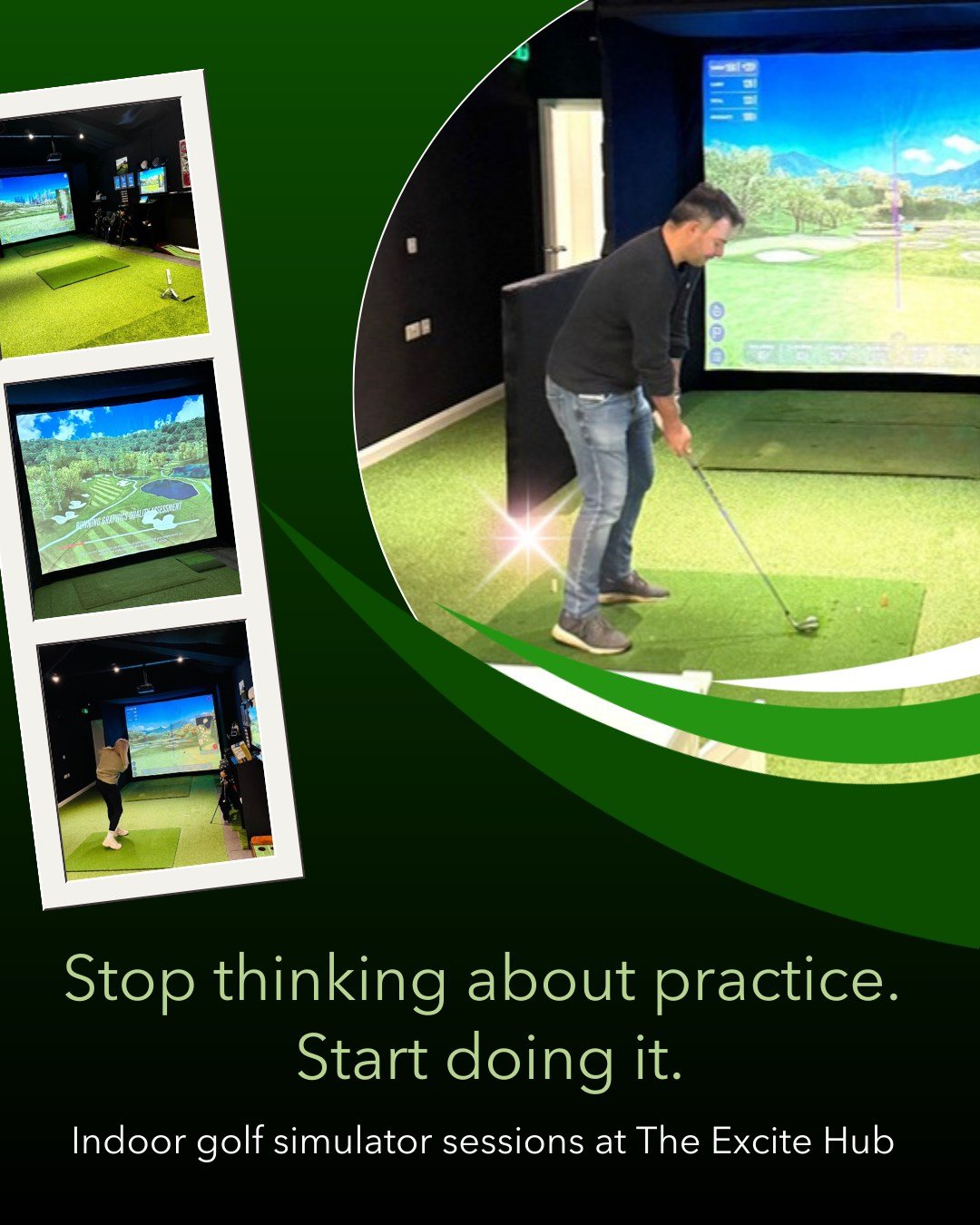 This is your sign to stop thinking about practice and actually do it.

Our indoor golf simulator gives you proper data feedback &ndash; swing speed, ball speed, launch angle, carry distance, the lot.

Whether it&rsquo;s sunny or chucking it down, you