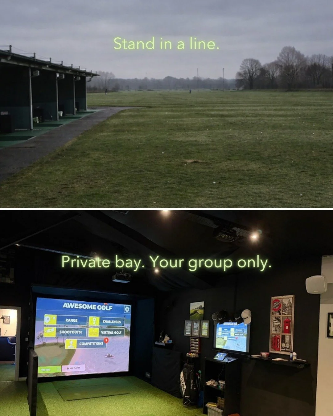 Driving range: Stand in a line. Hit balls into a field. Hope nobody's watching your slice.

The Excite Hub near Bishop's Storford: Private bay. Your group only. Hit balls at actual targets on a massive screen. Immediate feedback on every shot.

No st