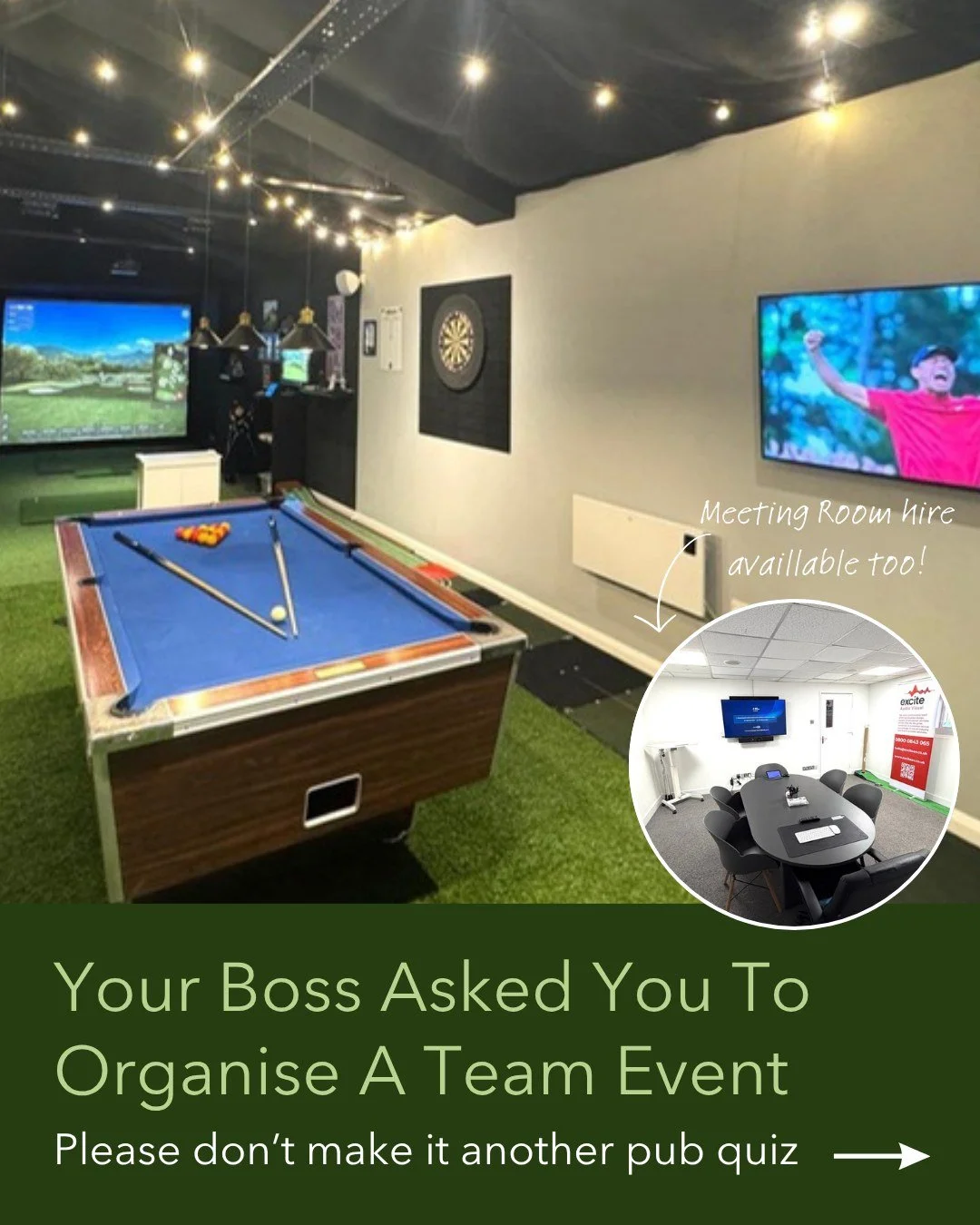 Your boss just asked you to organise a team event.

You could do another pub quiz. Or you could actually give people something to talk about.

Here's what actually happens at The Excite Hub: your team gets a private space, nobody's forced to be brill