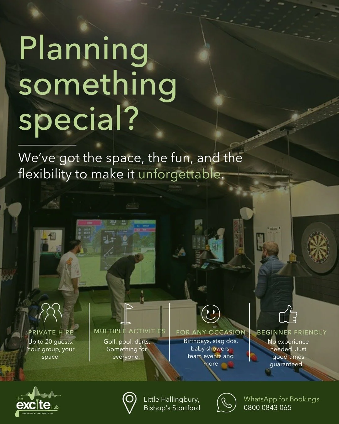 Planning something special? We've got the space, the fun, and the flexibility to make it unforgettable. 🎉

The Excite Hub is one of Essex's most unique private venue hire options, accommodating up to 20 guests for pretty much any occasion you can th