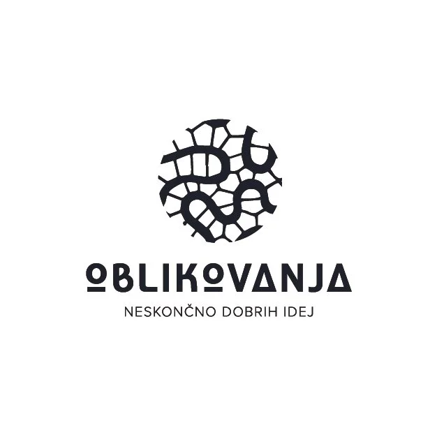 Logo with a stylized maze-like globe above the text 'OBLIKOVANJA' and the tagline 'Neskončno dobrih idej' underneath.