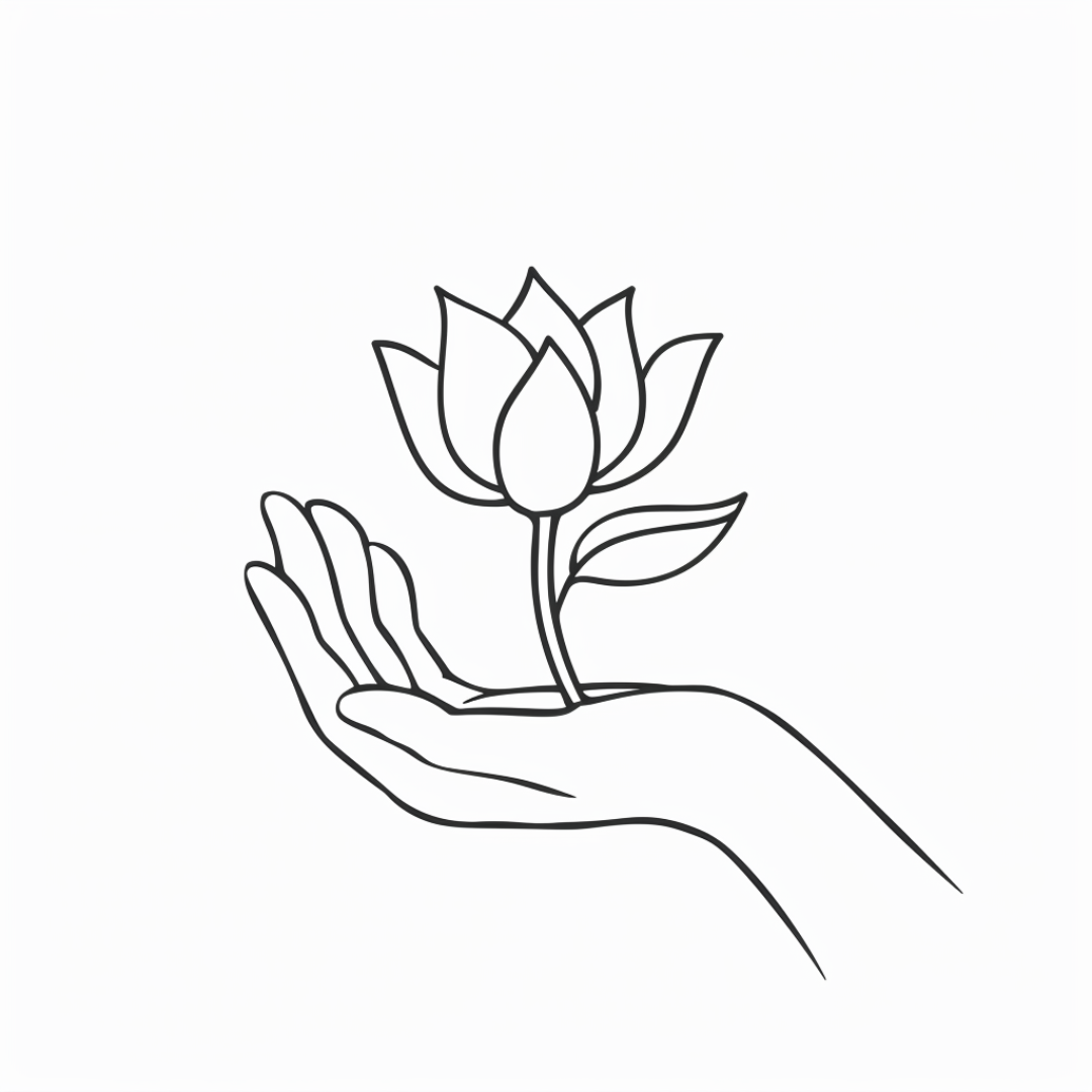 A line drawing of a hand holding a blooming flower, possibly a lotus, with a single leaf on the stem.